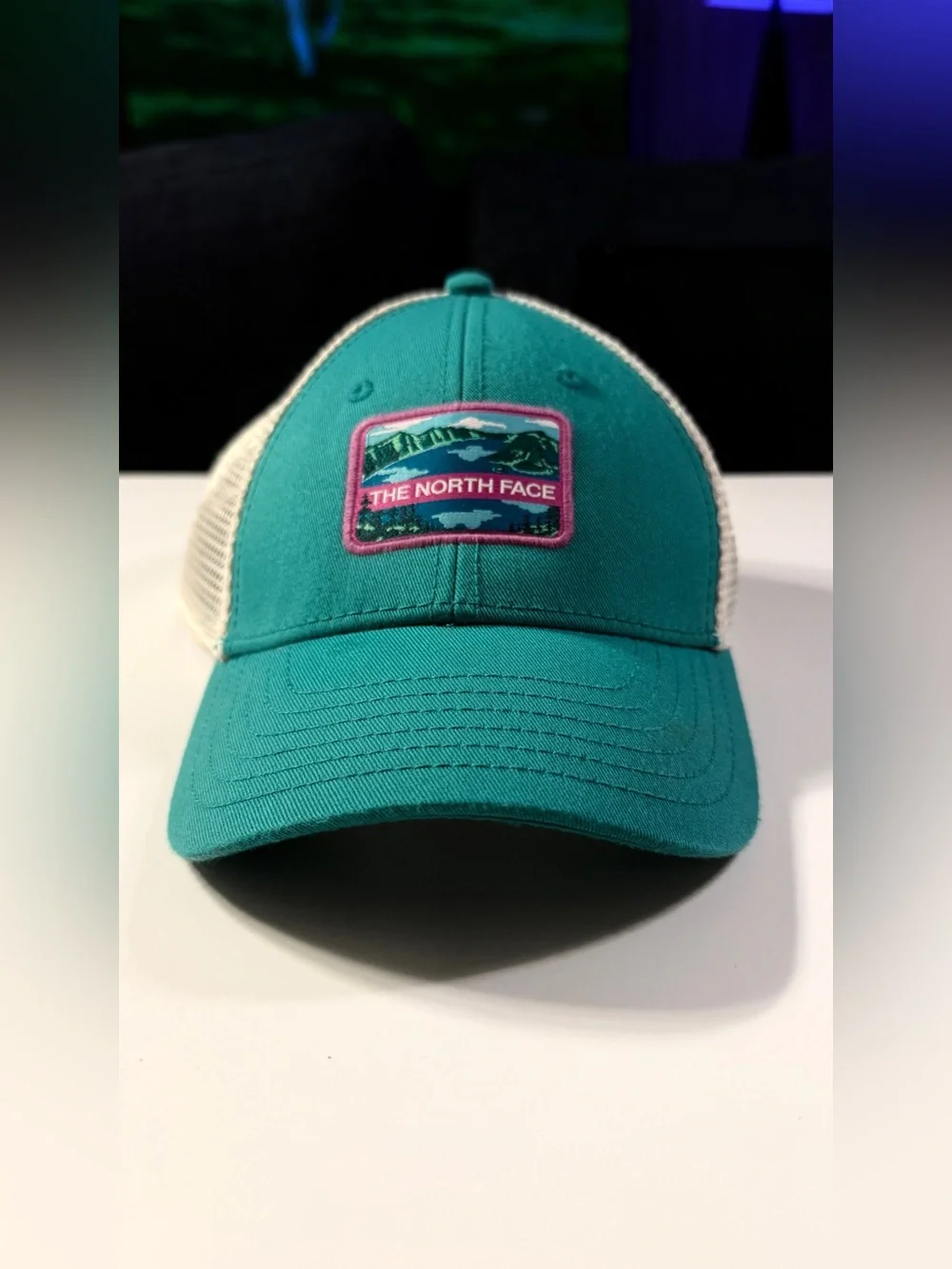 The North Face Teal & White Trucker Hat, Mountain Patch